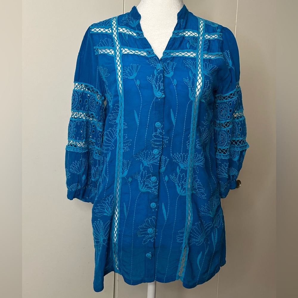 Johnny Was Teal Embroidered Blouse